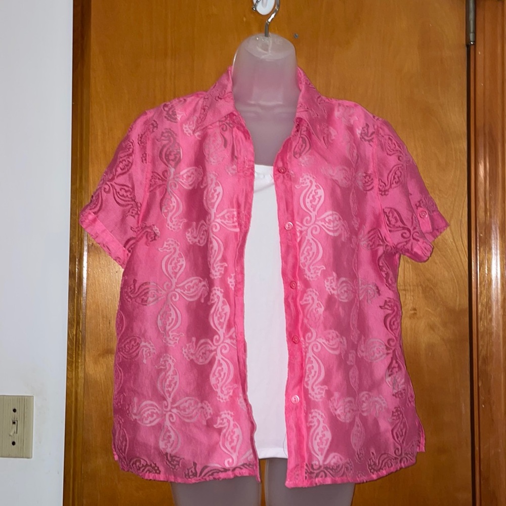 Two piece blouse set with pink sheer blouse and white shell